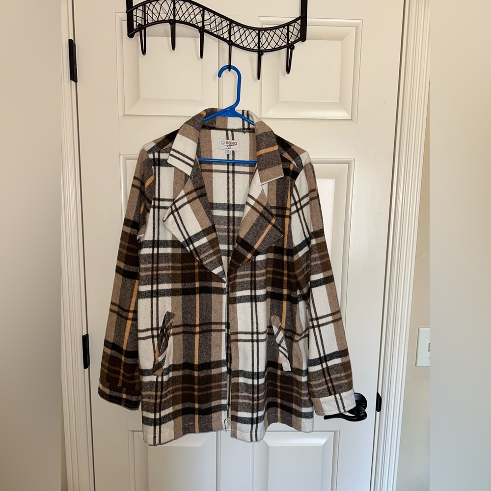 X-Large Ci Sono Plaid Pea Coat in Brown, Cream & Black